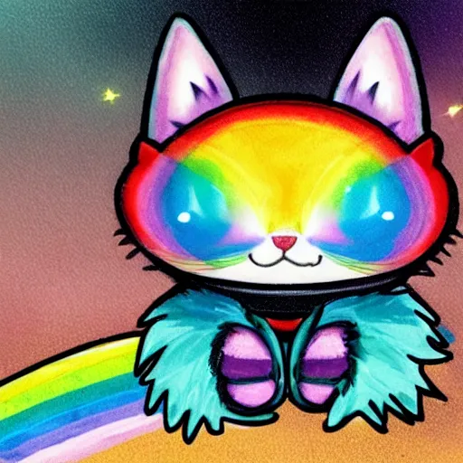 Image similar to wide angle full body, jacket wearing fluffy cute rainbow kitten wearing a black leather motorcycle jacket, concept art