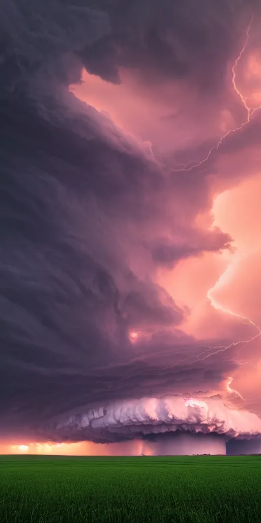 Prompt: a supercell storm dark and brooding far away in the distance, open farming fields the foreground during sunset, nature, cinematic, hyperrealistic, evil, dark, cgsociety, 8 k, by stephen king