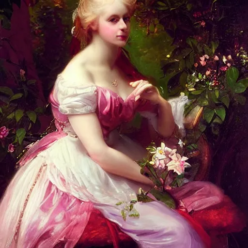 Image similar to Alice in Wonderland,a portrait of a beautiful blond hair girl,Diamonds Blaze,Rose twining,luxuriant,dreamy, eternity, romantic,highly detailed,in the style of Franz Xaver Winterhalter, highly detailed,night lighting