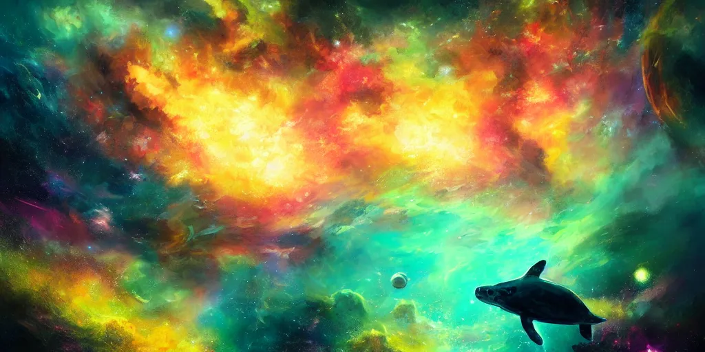 Image similar to painting of sea creatures swimming through space, sea turtles, sting rays whales, colorful nebulas, planets, 8 k resolution in the style of artem demura, jisu