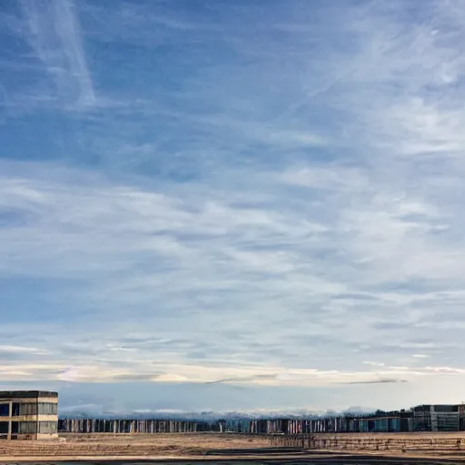 Image similar to a flate endless plane of concrete covered in concrete pillars that go on to the horizon, open sky, blue sky with clouds