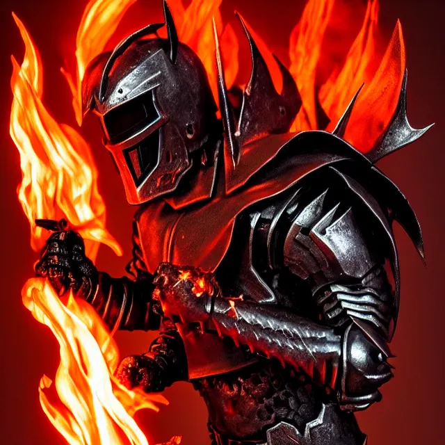 Prompt: hell knight with fire powers, highly detailed, 4 k, hdr, smooth, sharp focus, high resolution, award - winning photo, clayton crain, photorealistic