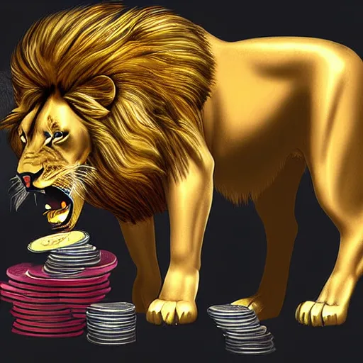 Image similar to Lion having a party, money shower, coins, digital art, dollar bills, concept art, digital painting, highly detailed, illustration