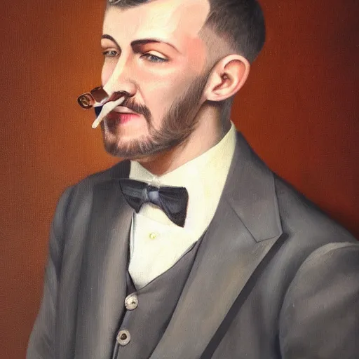 Prompt: a close - up canvas painting of a realistic irish man with a fade haircut, lighting a cigar, wearing a suit, bowtie, and ring, highly detailed