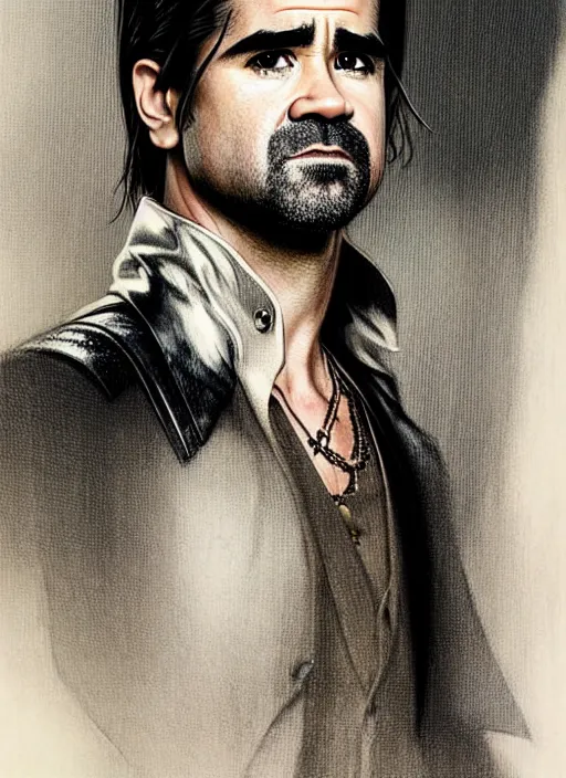 Image similar to colin farrell as a 2 1 st century aristocrat wearing boots, detailed face, d & d, wet, shiny, fantasy, intricate, elegant, hyper detailed, ultra definition, photoreal, artstation, unreal engine rendered, concept art, smooth, sharp focus, illustration, art by artgerm and greg rutkowski and alphonse mucha and garis edelweiss