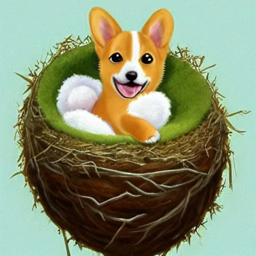 Image similar to concept art of a baby corgi emerging from an egg in a nest, art by anne geddes