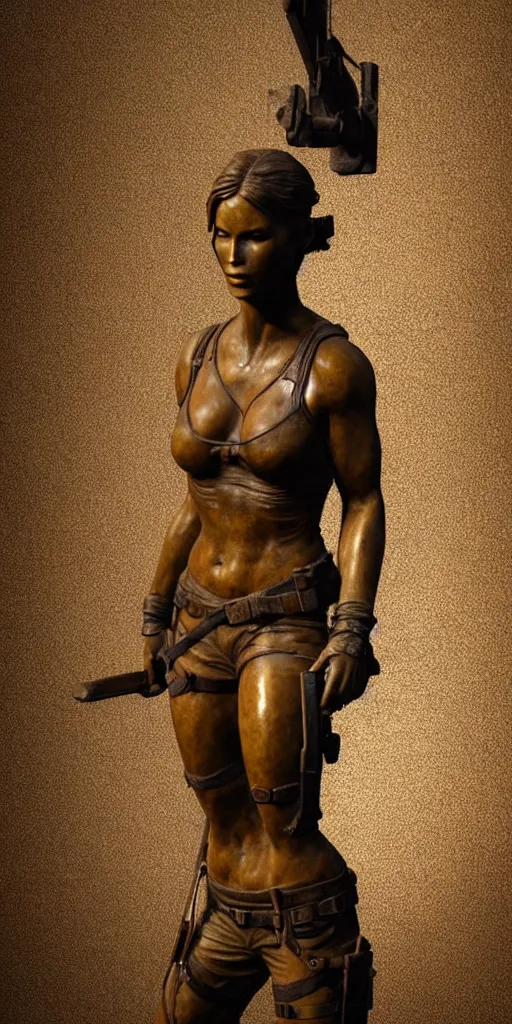 Image similar to detailed photo of an old bronze patina statue of beautiful lara croft, full body portrait, photorealism, intricate detail, museum diffuse lighting