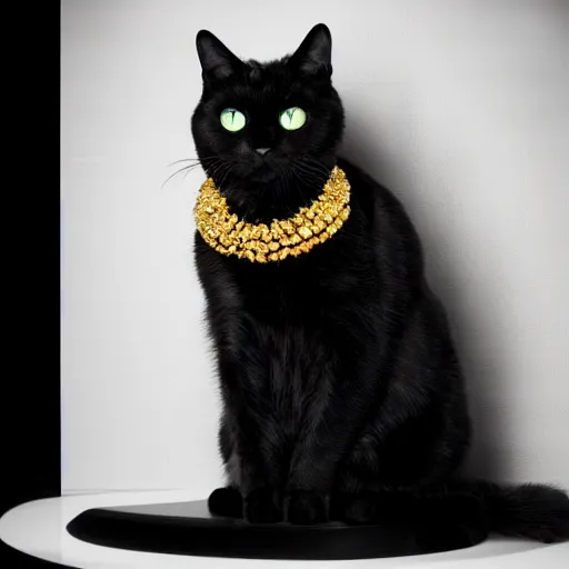 Image similar to Magestic Black cat wearing gold Jewlery, award winning photo, dramatic lighting