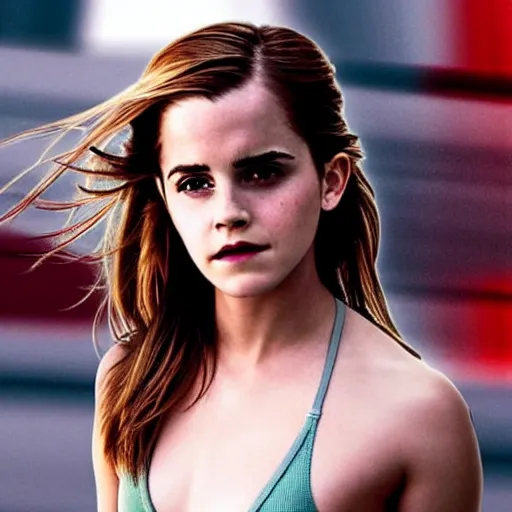 Prompt: emma watson starring in the new fast and furious movie she is driving a very expensive car, 8 0 s movie, cinematic, exciting, movie poster, bright, colorful