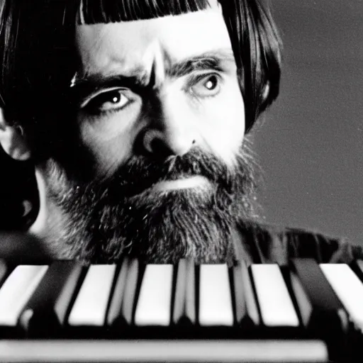 Prompt: charles manson playing keyboard with the beatles, 3 5 mm photography, realistic, detailed, uncropped, realistic face,