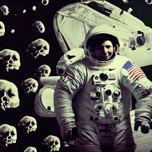 Prompt: An astronaut alone inside a dark ballroom filled with piles of human skulls