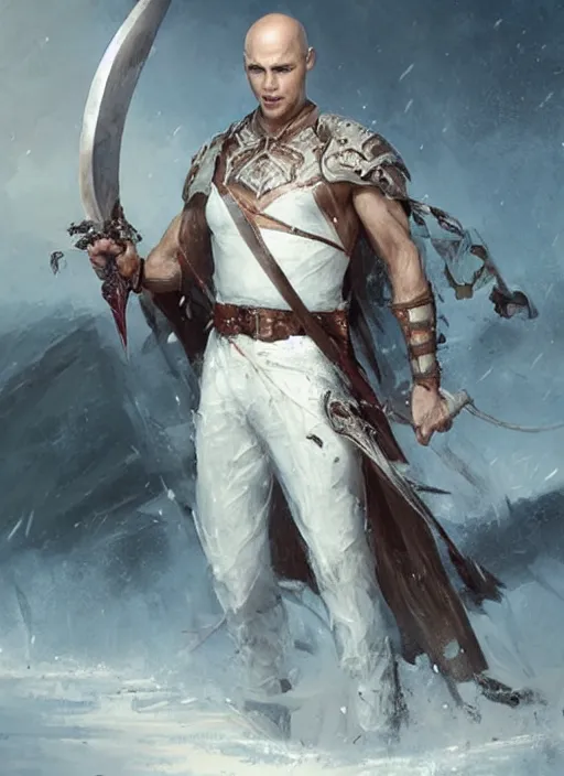 Image similar to a young man with wide, intense eyes. he is bald and clean shaven, dressed entirely in white and holding a huge sword. painting by greg rutkowski and raymond swanland