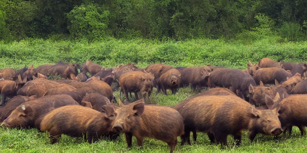 Image similar to a trap camera photo of a big group of wild boars in a field, real, photography