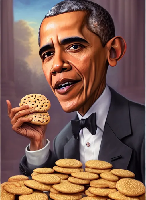 Image similar to highly detailed closeup portrait of obama as a fairytale medieval prince eating cookies, unreal engine, nicoletta ceccoli, mark ryden, lostfish, earl norem, global illumination, god rays, detailed and intricate environment