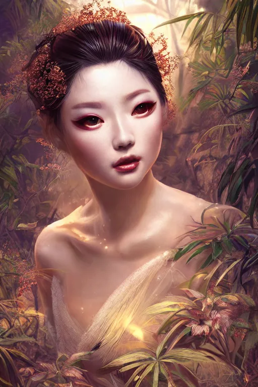 Image similar to stunningly beautiful, frost geisha prima ballerina in jungle, symmetrical face, golden hour, smooth, focus, highly detailed, hyper realistic, dramatic lighting, elegant, intricate, concept art, art by wlop, mars ravelo, greg rutowski, artstation