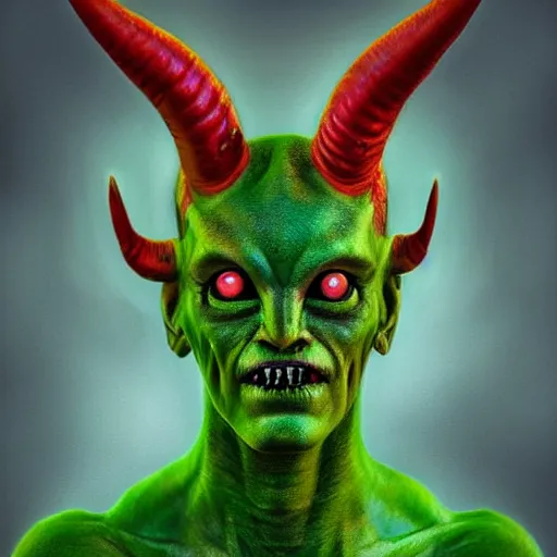 Image similar to realistic alien, medium shot portrait, devil horns,,!!!!! human eyes!!!!!!, green body. red eyes, background flames