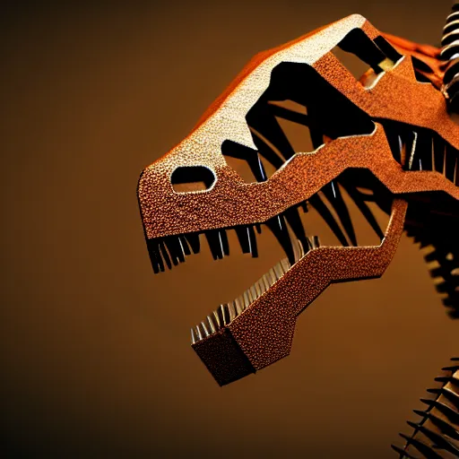 Image similar to a t-rex made out of rusty gears and wires showing life signs, photorealistic, bokeh, octane render, coherent