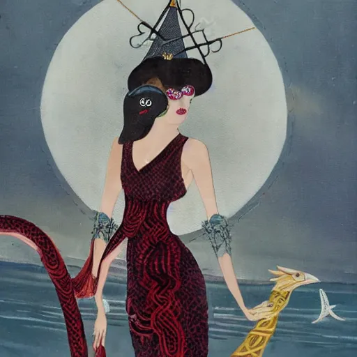 Image similar to crow in a yacht wearing a tulle dress with a crown made up of snakes