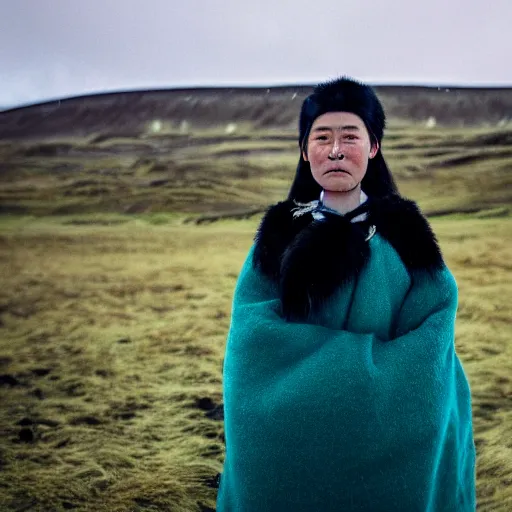 Image similar to ethnographic portraiture photograph of an extremely beautiful!!!! young woman with symmetric face. wearing traditional greenlandic national costume. in iceland. in front of her house. petzval lens. shallow depth of field. on flickr, award winning. national geographic