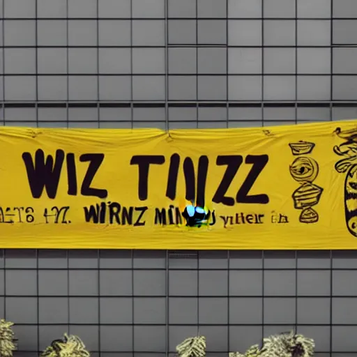 Prompt: cat wizards dressed in yellow raincoats. A banner that reads 'Wiz Biz only, Fools' adorns the back wall. Hypermaximalistic, hyper detailed 4k resolution