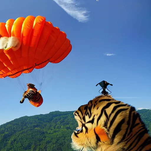 Image similar to a tiger jumping off a cliff with large open ballon parachute