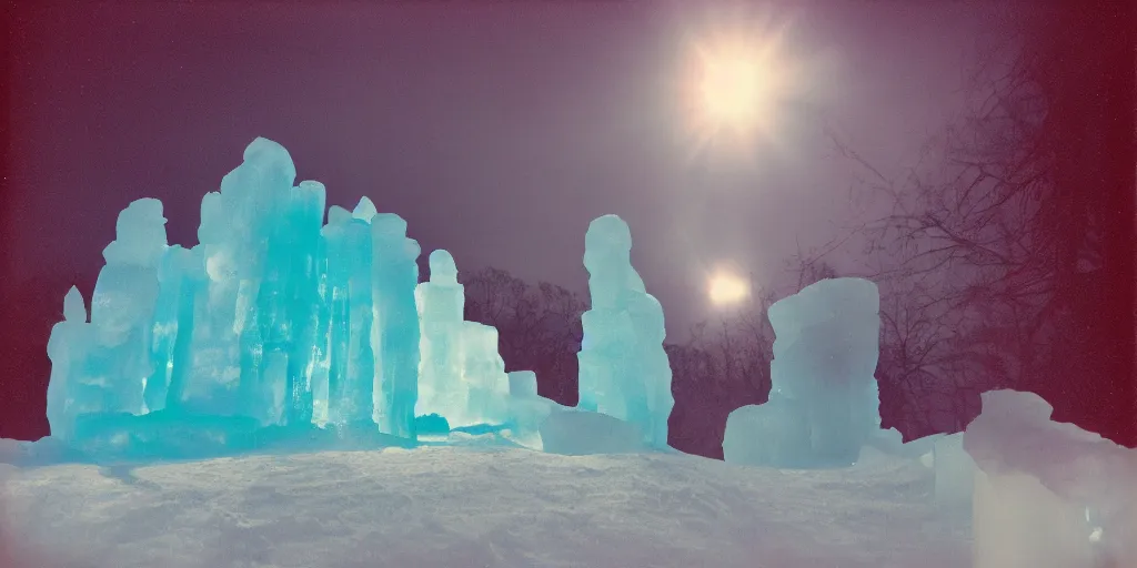 Prompt: analog polaroid of an ice castle, lit from behind, snow, bright reflections, lens flare