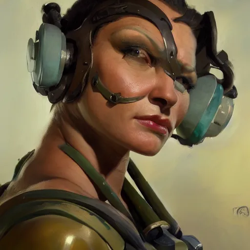 Image similar to greg manchess close - up portrait painting of a beautiful older female dieselpunk orc with olive green skin as an overwatch character, medium shot, asymmetrical, profile picture, organic painting, sunny day, matte painting, bold shapes, hard edges, street art, trending on artstation, by huang guangjian and gil elvgren and sachin teng