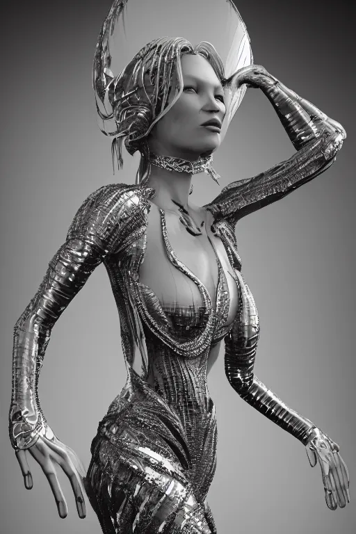 Image similar to a highly detailed medium shot 8 k render portrait of an alien goddess young kate moss in iris van herpen dress schiaparelli in diamonds and jewelry in style of alphonse mucha trending on artstation made in unreal engine 4