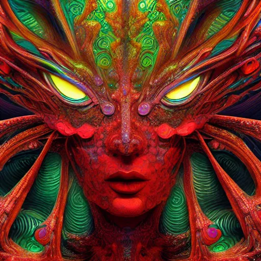 Image similar to Face of a Alien Deity, corals, plume made of fractals, extremly detailed digital painting, in the style of android jones, artwork of a futuristic artificial intelligence superstar, mystical colors, rim light, beautiful lighting, 8k, stunning scene, raytracing, octane, under water visual distortion, trending on artstation