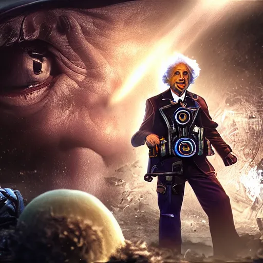 Image similar to ( ( albert einstein as willy wonka ) ) in gears of war, splash art, movie still, cinematic lighting, dramatic, octane render, long lens, shallow depth of field, bokeh, anamorphic lens flare, 8 k, hyper detailed, 3 5 mm film grain