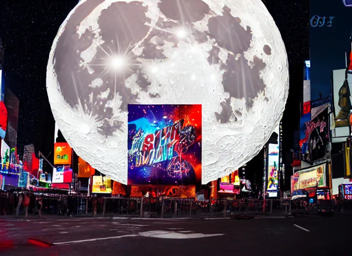 Image similar to film still of the moon shattering into pieces exploding moon over time square in the new disaster, 8 k, night time