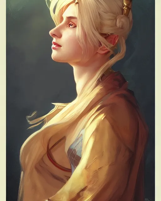 Image similar to '' Portrait of Beautiful blonde Slavic woman in her early 30’s, league of legends, LOL, fantasy, d&d, digital painting, artstation, concept art, sharp focus, illustration, art by greg rutkowski and alphonse mucha ''