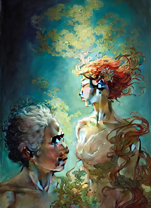 Prompt: 禁 しられた 2 人. fantasy, regal, by yoshitaka amano, kim keever, victo ngai, stanley artgerm lau, greg rutkowski, thomas kindkade, alphonse mucha, loish, norman rockwell