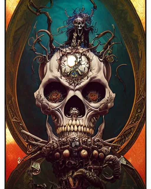 Prompt: perfectly centered portrait front view of a angry dead rotten beautiful daemon skull growing ornamentation all around, ornate, ornaments, detailed, symmetrical, elegant, beautifully soft lit, by wayne barlowe, peter mohrbacher, kelly mckernan, alphonse mucha