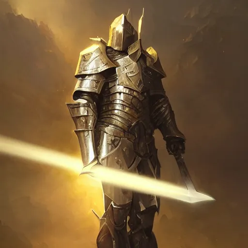 Prompt: Armored paladin, Holding a Large Sword , surrounded by divine light and profane shadows, highly detailed, dynamic, lighting, 4k, by Greg Rutkowski