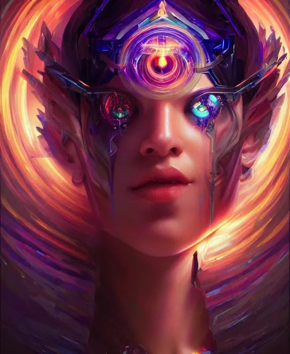 Image similar to a whirlwind of souls rushing inside the metaverse, half body, glowin eyes, tiara with sapphire, pharaoh, android, cyberpunk, d & d, fantasy, intricate, elegant, highly detailed, colorful, vivid color, digital painting, artstation, concept art, art by artgerm and greg rutkowski and alphonse mucha and ruan jia