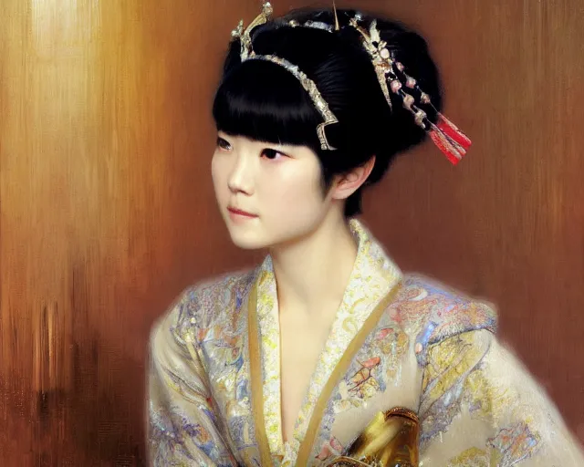 Prompt: a japanese princess young lady, with white hair and bangs!!!! beauty. highly detailed painting by gaston bussiere, craig mullins, j. c. leyendecker 8 k
