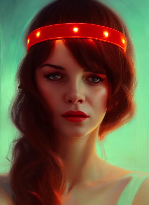 Image similar to portrait of lana rhodes with bangs, 1 9 6 0 s, long hair, red hairband, bangs, intricate, elegant, glowing lights, highly detailed, digital painting, artstation, concept art, smooth, sharp focus, illustration, art by wlop, mars ravelo and greg rutkowski