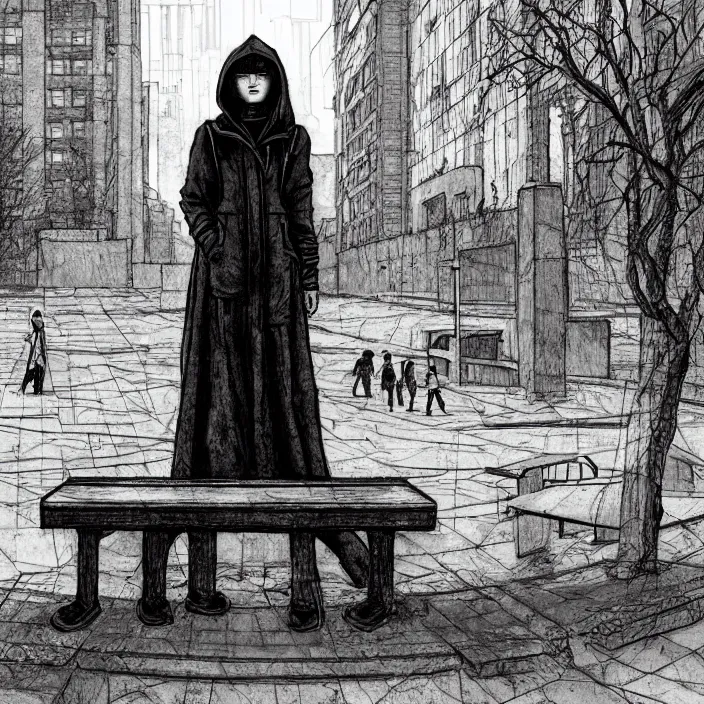 Prompt: storyboard : sadie sink in hoodie sits on bench in ruined square, pedestrians walk by, soviet monument and propaganda posters. scifi cyberpunk. by gabriel hardman. cinematic atmosphere, detailed and intricate, perfect anatomy