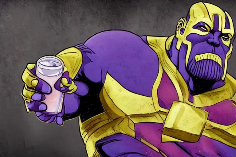 Prompt: thanos eating on a restaurant, infinity gauntlet, iphone