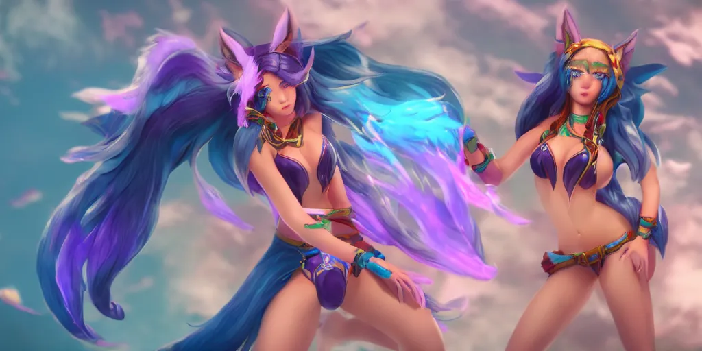 Prompt: beautiful character sheet render of pool party Ahri (wild rift). 3d, octane render, realistic, highly detailed, trending on artstation