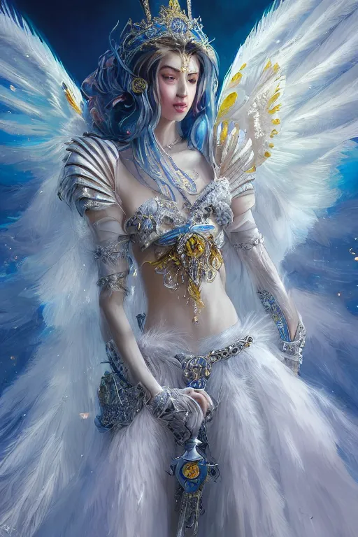 Image similar to beautiful princess wearing crystal white feathers, king sorcerers, ornate, blue and silver, armor, robes, diamonds, angel, fantasy, yellow background beam, dramatic lighting, highly detailed, digital painting, magic the gathering, 3 d render, hyper realistic detailed portrait, peter mohrbacher, wlop, ruan jia