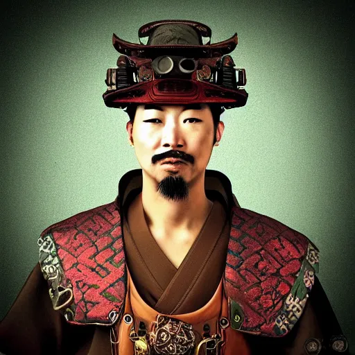 Prompt: “ color photo of a steampunk samurai, hd, photorealistic ”