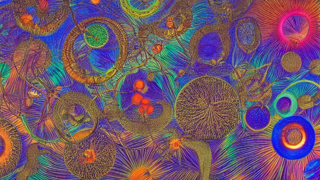 Image similar to quantum connections represented as symbiotic organisms like cells playing around with colorful lights by ernst haeckel, gas