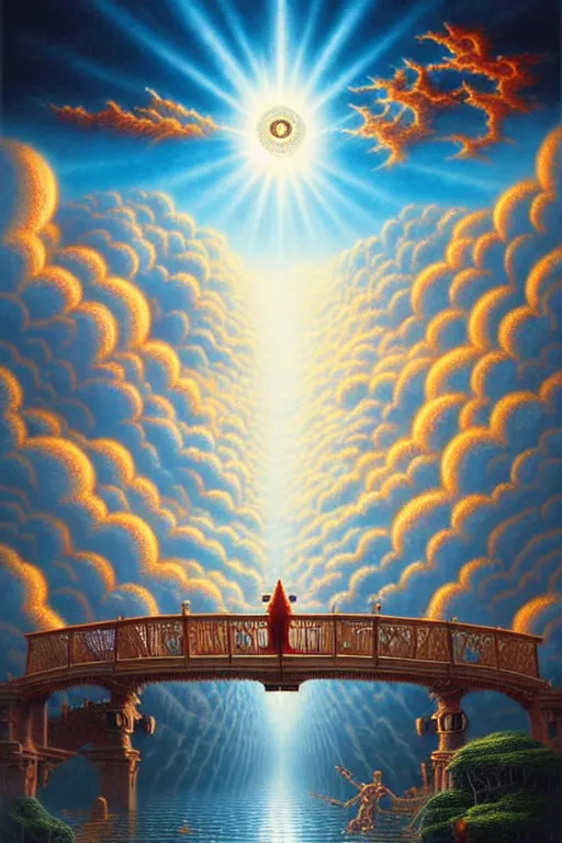 Prompt: a photorealistic detailed cinematic image of a departed soul crossing the ornate bridge, divinity, spiritual enlightenment, cumulus clouds, reincarnation cycle, life and death, triumph of the soul, isometric, by pinterest, david a. hardy, kinkade, lisa frank, wpa, public works mural, socialist