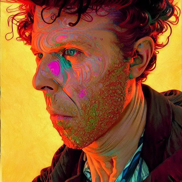 Prompt: bright psychedelic portrait of tom waits baking pizza, diffuse lighting, fantasy, intricate, elegant, highly detailed, lifelike, photorealistic, digital painting, artstation, illustration, concept art, smooth, sharp focus, art by John Collier and Albert Aublet and Krenz Cushart and Artem Demura and Alphonse Mucha