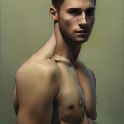 Image similar to a beautiful toned man, aesthetic, oil painting, pale colors, high detail, 8 k, wide angle, trending on artstation,