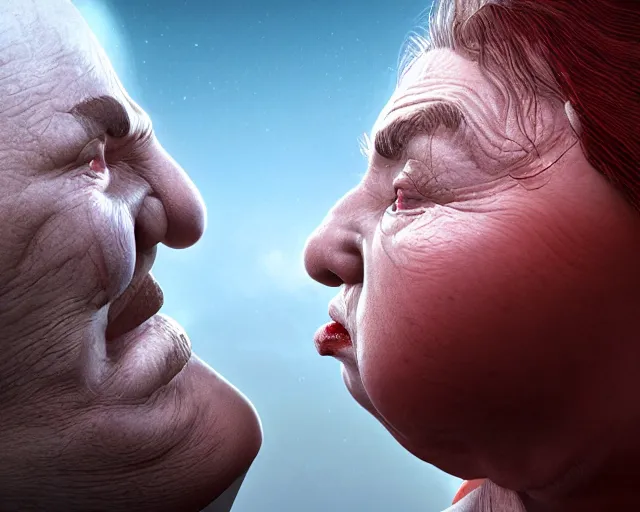 Prompt: of a very beautiful scene. ambient occlusion render. a sweet fat old woman is kissing her shadow. hyper realistic. 4 k. wide angle. symmetrical face, red mouth, blue eyes. deep focus, lovely scene. ambient occlusion render. concept art. unreal engine.