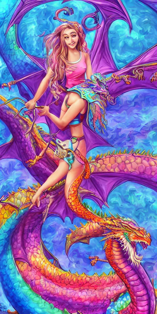 Image similar to teenage girl riding a dragon, digital art, highly detailed, smooth, lisa frank, digital painting, bright, cartoon