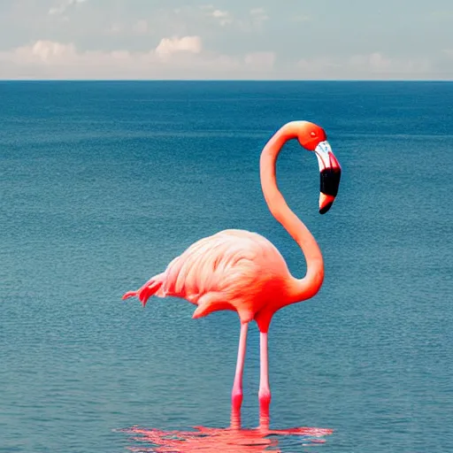 Prompt: photo of colossal flamingo on the horizon with atmospheric perspective